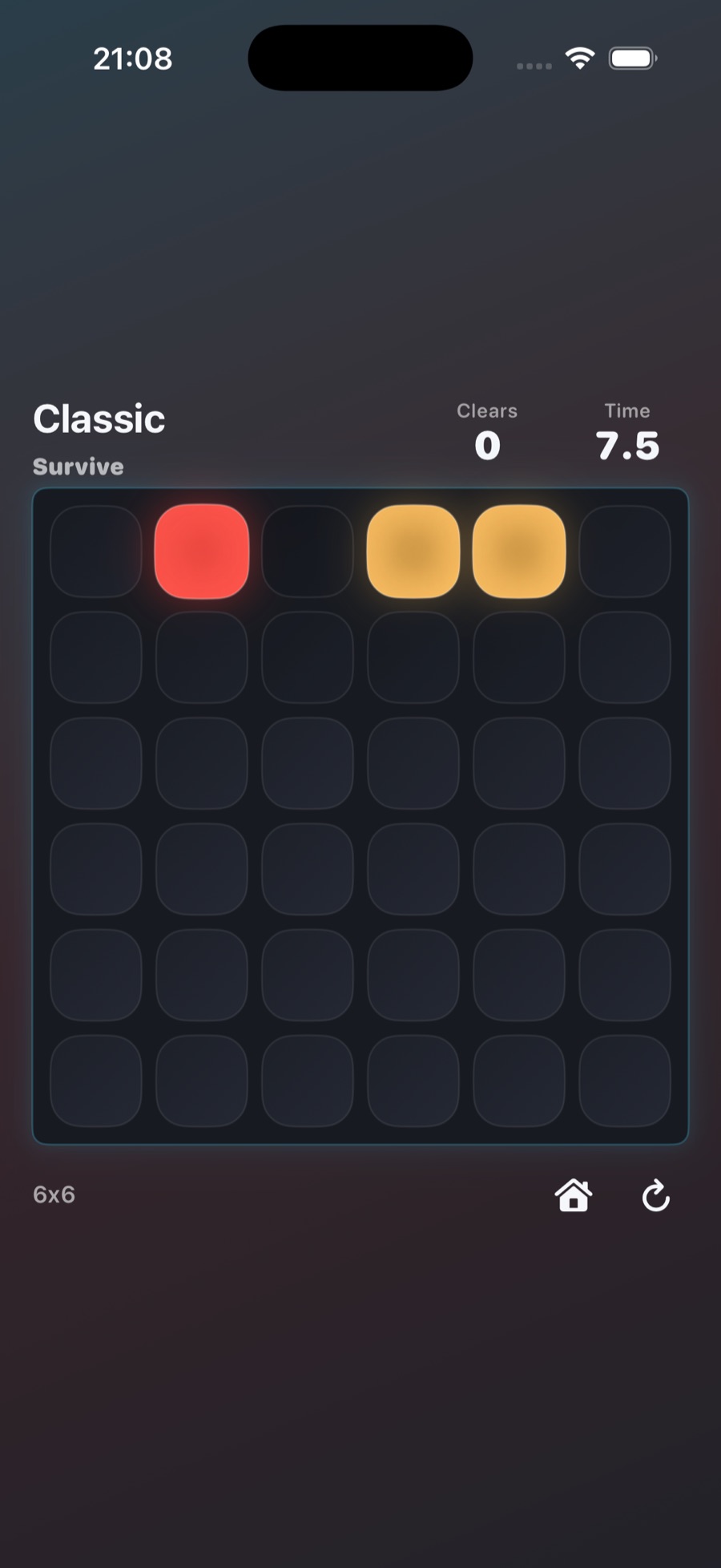 OverLit Classic survival on a six by six grid, one cell critical red and two amber.