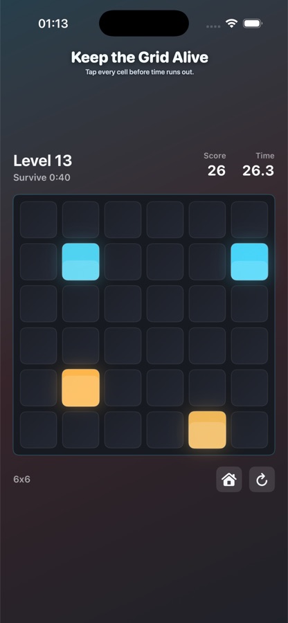 OverLit level 13 gameplay with lit cyan and amber cells on a 6 by 6 grid.