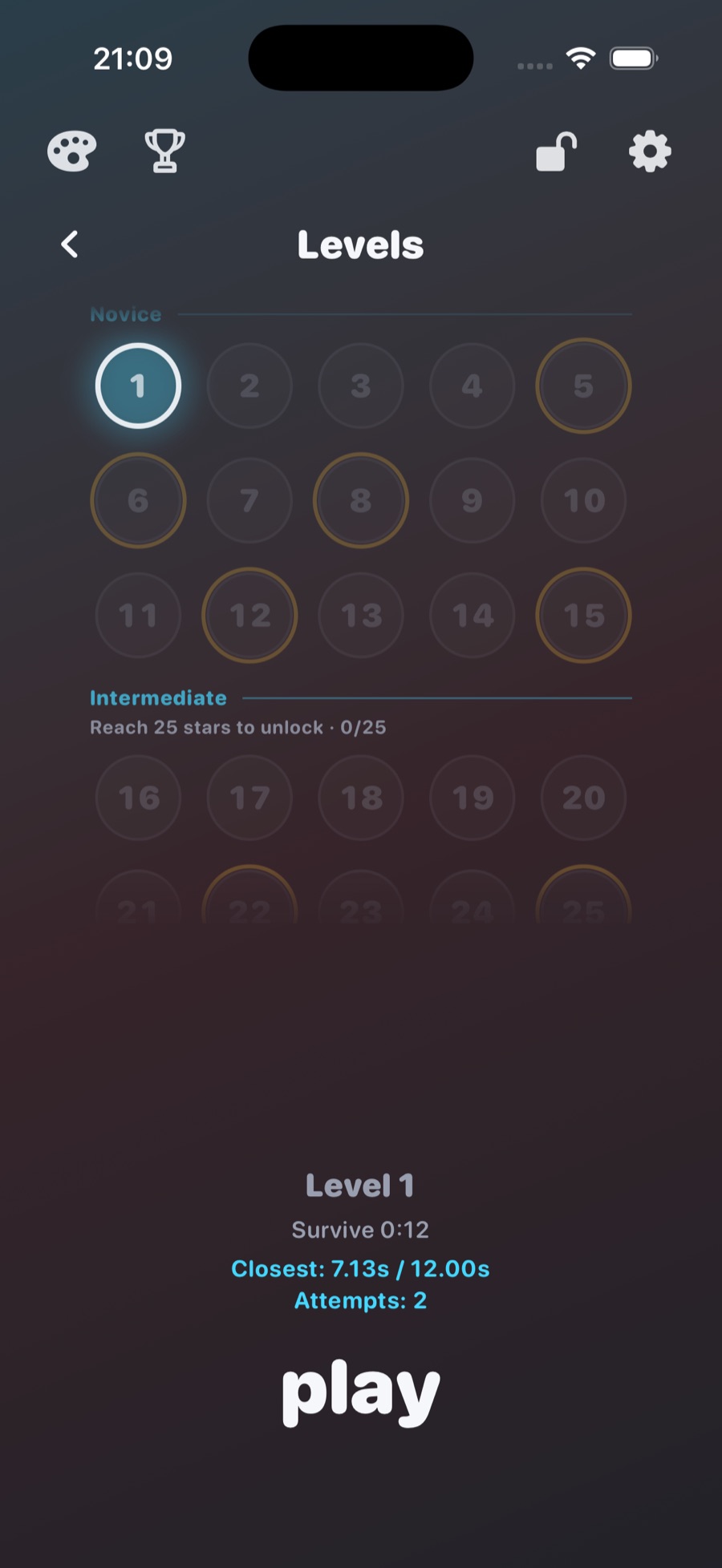 OverLit level select screen showing the Novice levels and a locked Intermediate tier.