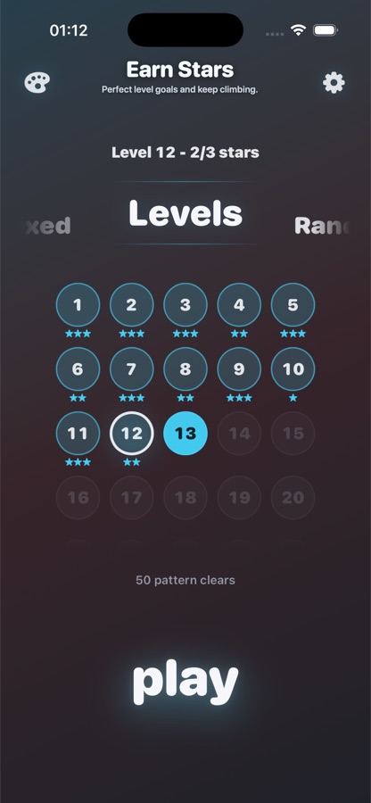 OverLit level select screen showing stars earned across handcrafted levels.