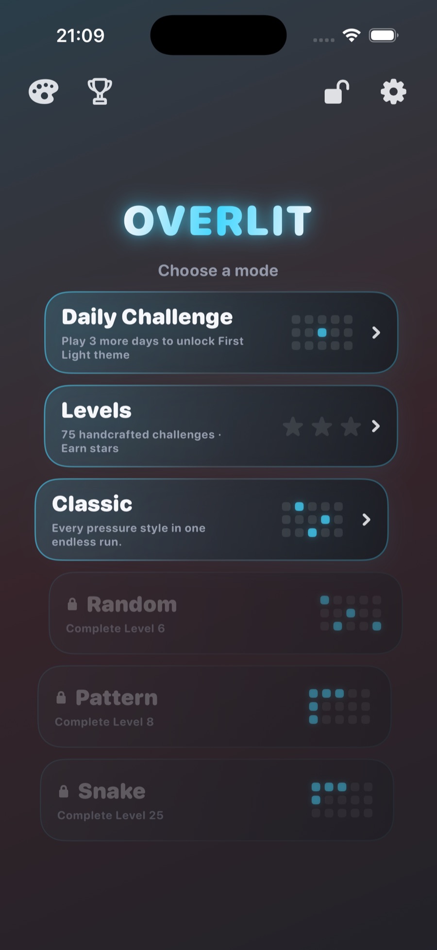 OverLit mode hub listing Daily Challenge, Levels, Classic, and the locked Random, Pattern and Snake modes.