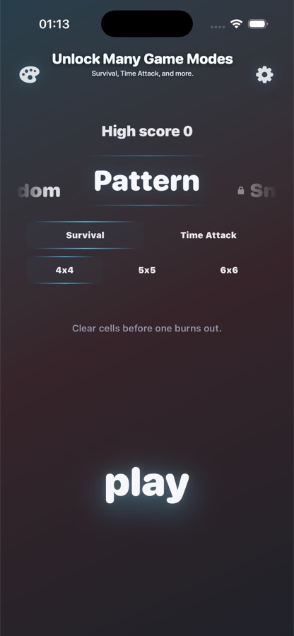 OverLit pattern mode screen with survival and time attack options.